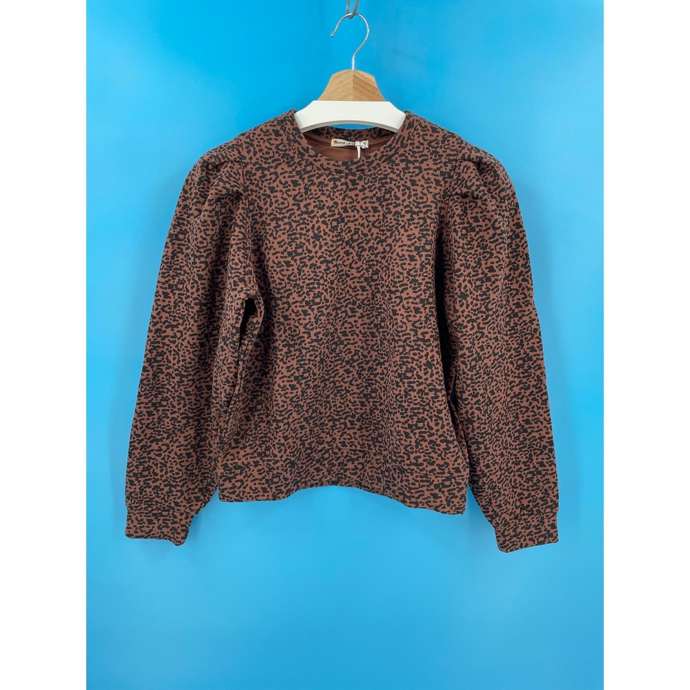 Marine Layer Enya Puff Sleeve Crewneck Sweatshirt Deep Cheetah NWT Size XS